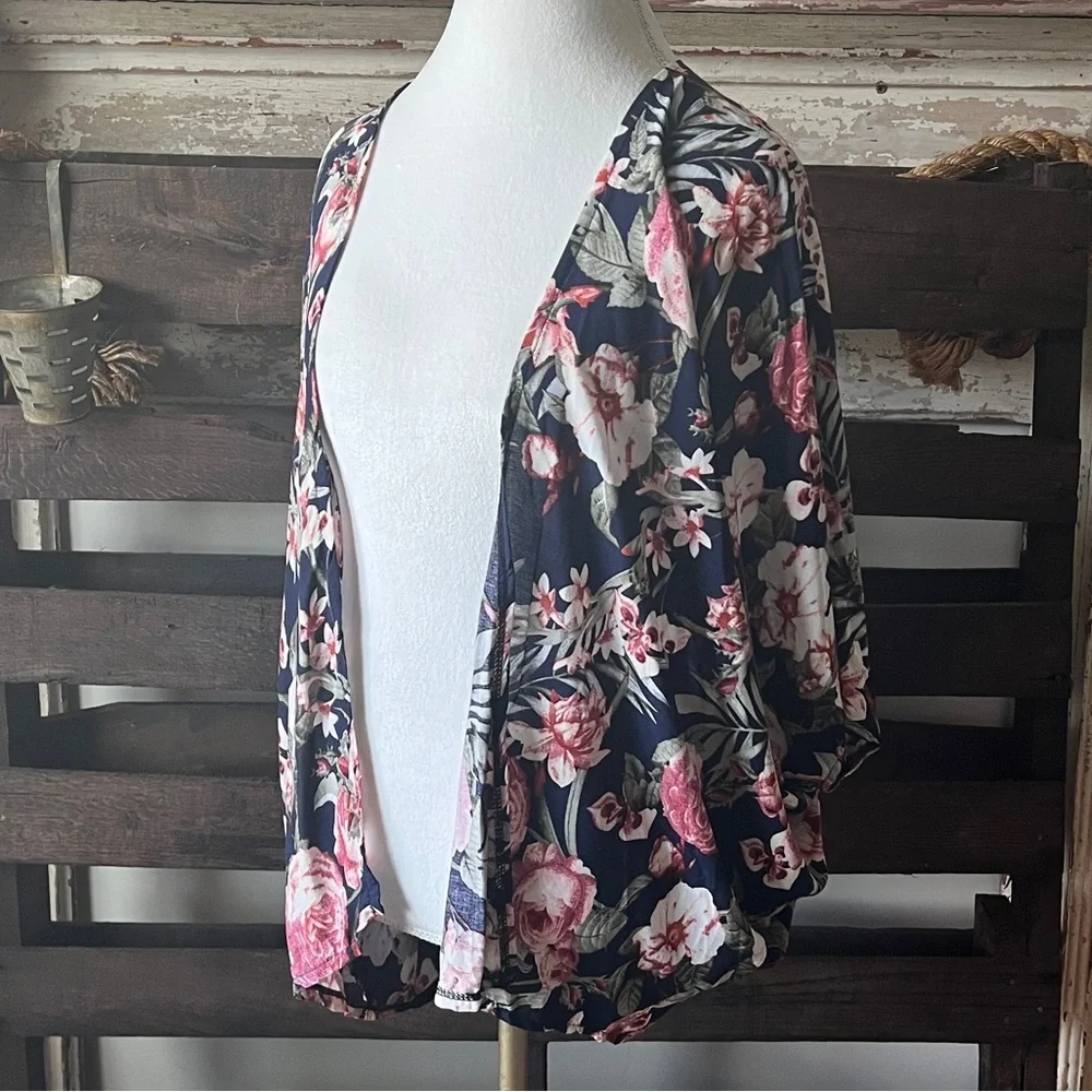 🟠JANICE Open-Front Cardigan in Navy/Floral Print-ONE SIZE